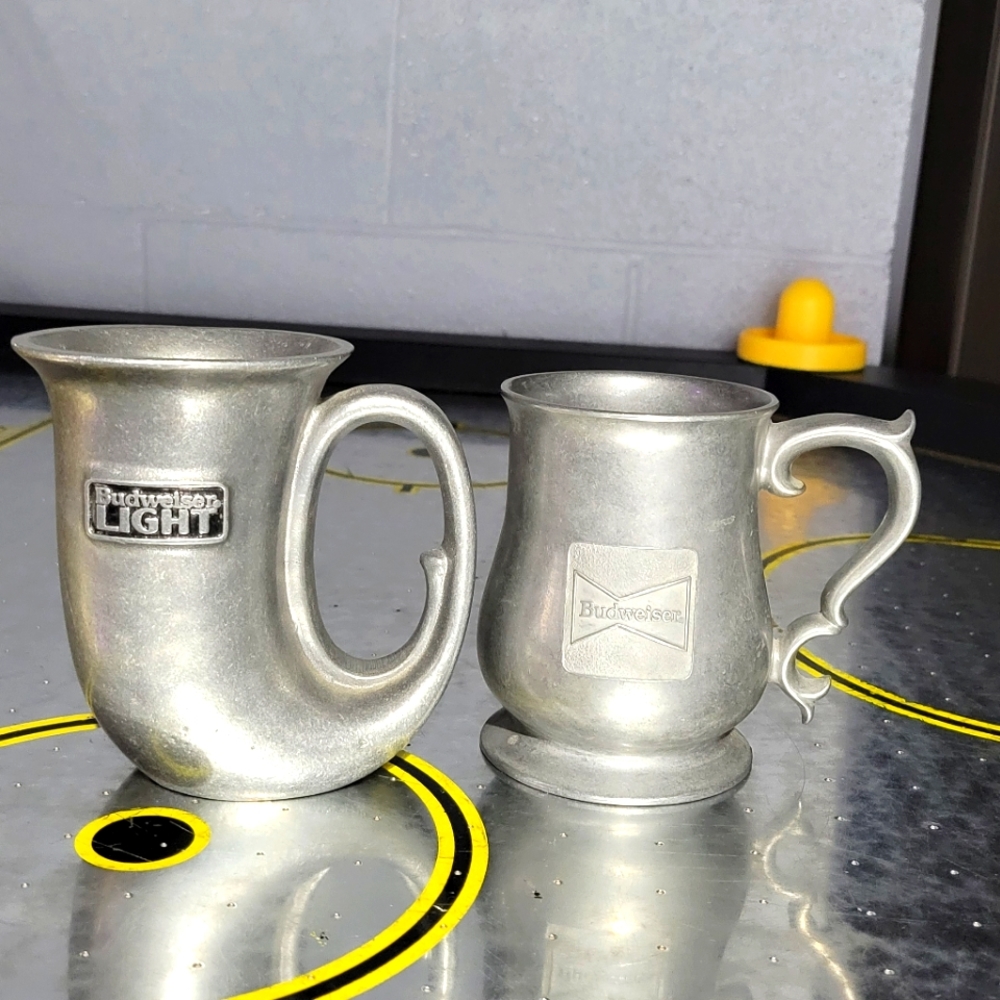 Vtg Bud & Budlight metal Mug Drinking Cup 5 in. Tall Horn Ale/Beer Stein…